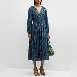 Xirena Ambrose Tiered Geometric-Print Indigo Flora Blue Cotton Midi Dress NWT S